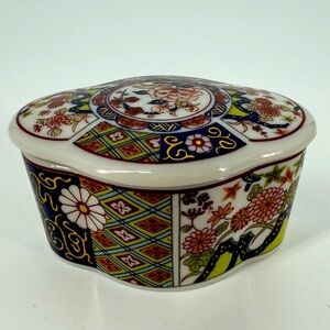 Vintage Trinket Box Floral Japan Porcelain Ring Earrings Small Lid 2.5 x 2 Blue